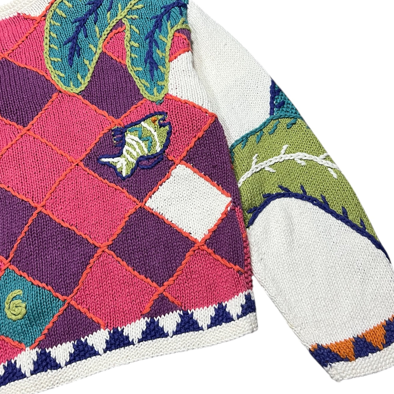 90s Sigrid Olsen Tropical Knit Cardigan Fruit Fish Palm Tree Women’s Med