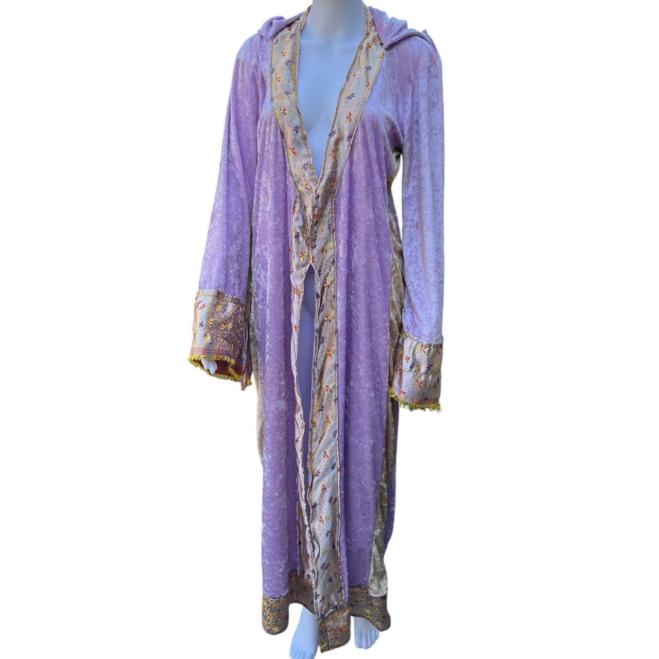 Vintage Handmade Lavender Crushed Velvet Velour Hooded Robe Beaded Fringe Medieval Renn Faire One Size