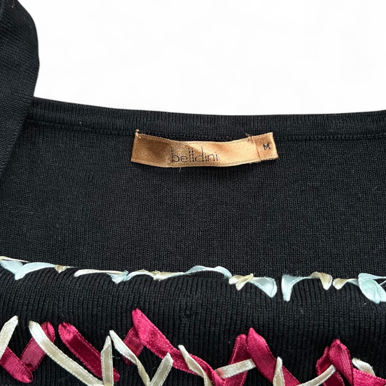 90s Y2K Belldini Black Knit Tank Floral Ribbon Lace Detail Women’s Med