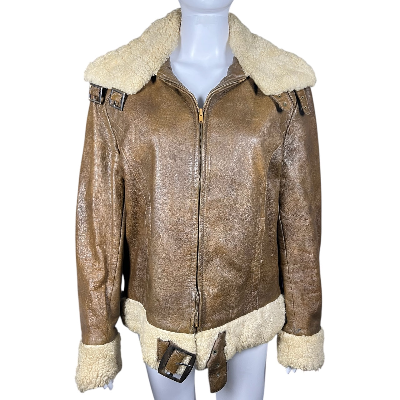 Vintage Reed Sportswear Brown Leather Flight Bomber Jacket Shearling Collar Trim Women’s XL Scovill Zipper