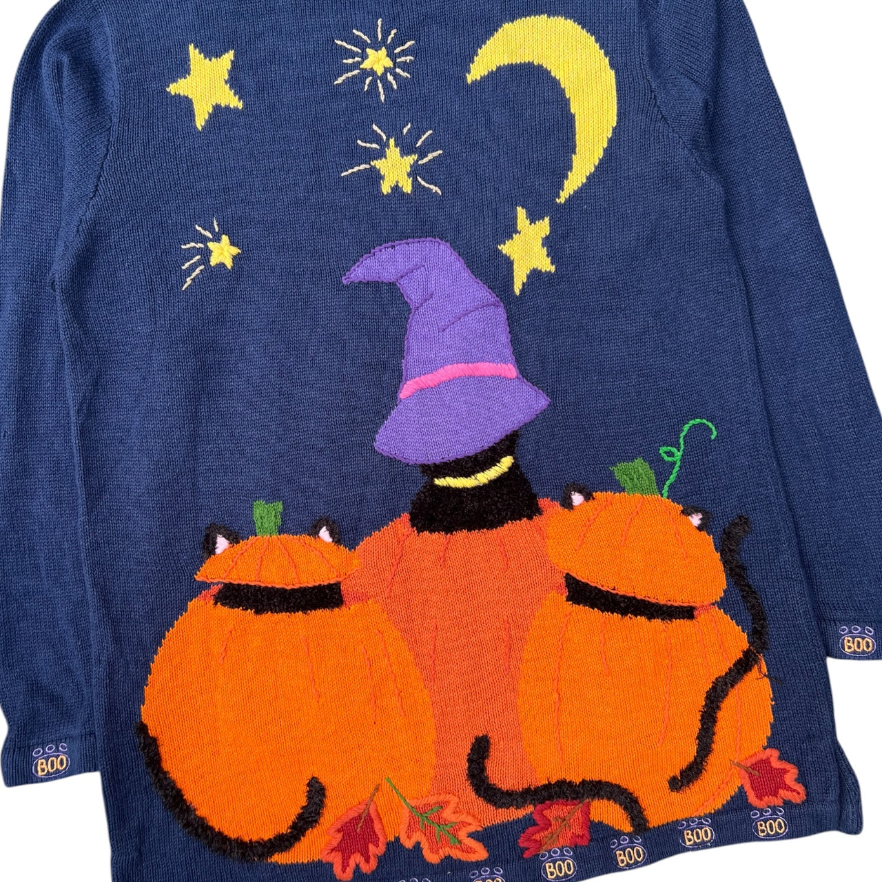 90s Quacker Factory 3D Knit Halloween Ugly Sweater Black Cat Pumpkin Jack-O-Lantern Women’s Large