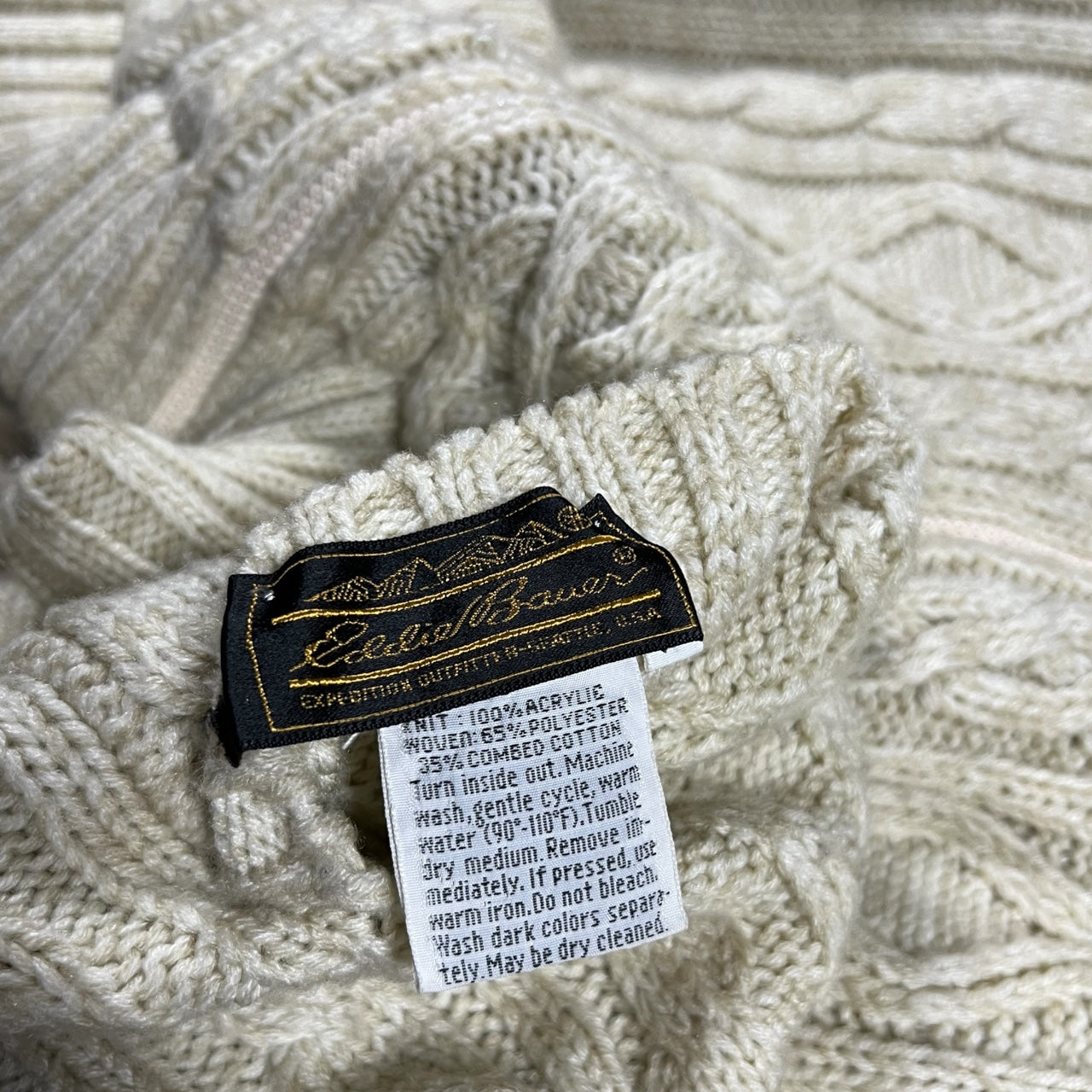 Vintage Eddie Bauer Cream Cable Knit Fisherman Sweater Full Zip Men’s Large Acrylic Lined