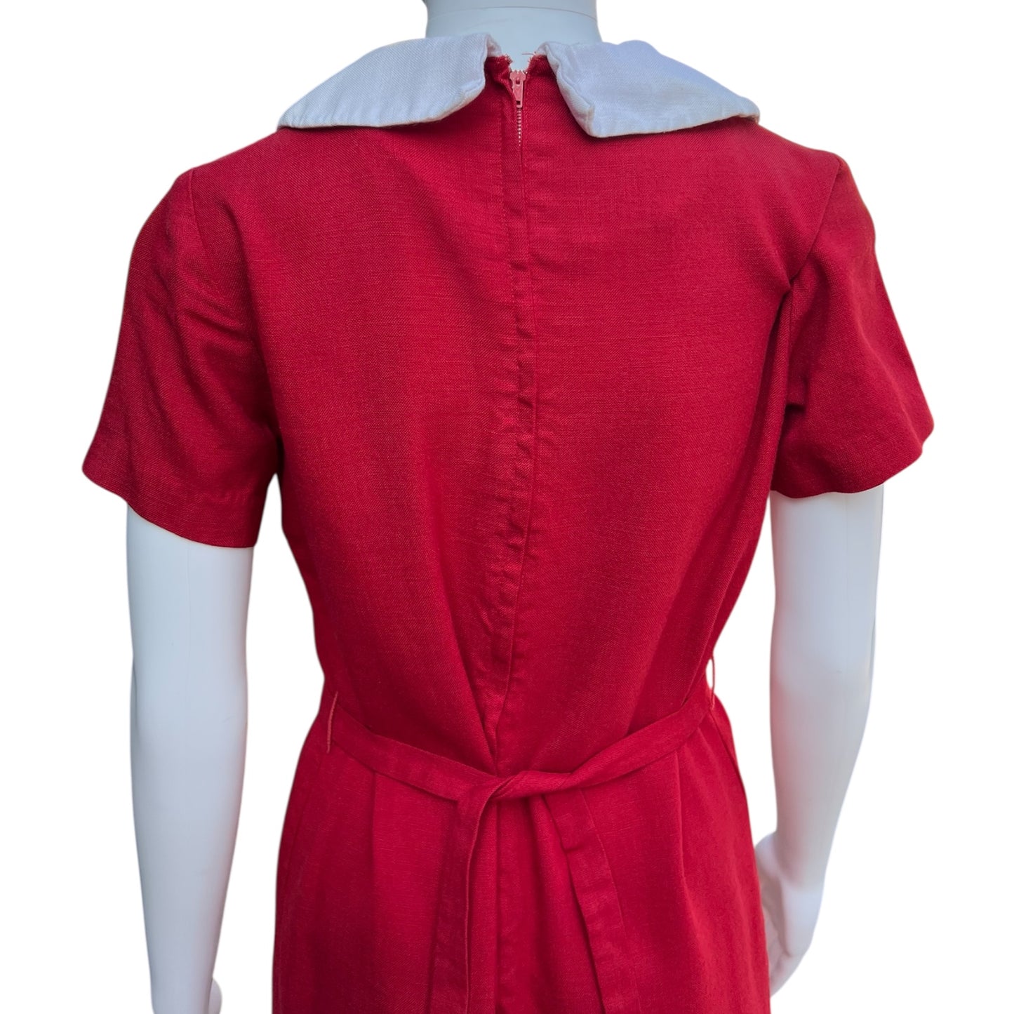 60s Mod Peter Pan Collar Burgundy Red Knee Length Dress Women’s Medium Geometric Scarf