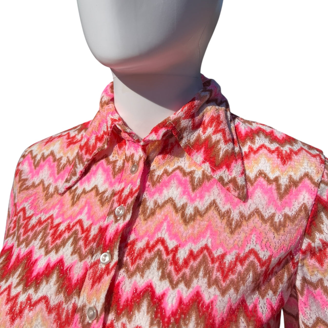 70s Pink Psychedelic Flame Stitch Knit Dagger Collar Polo Shirt Sheer Women’s Small