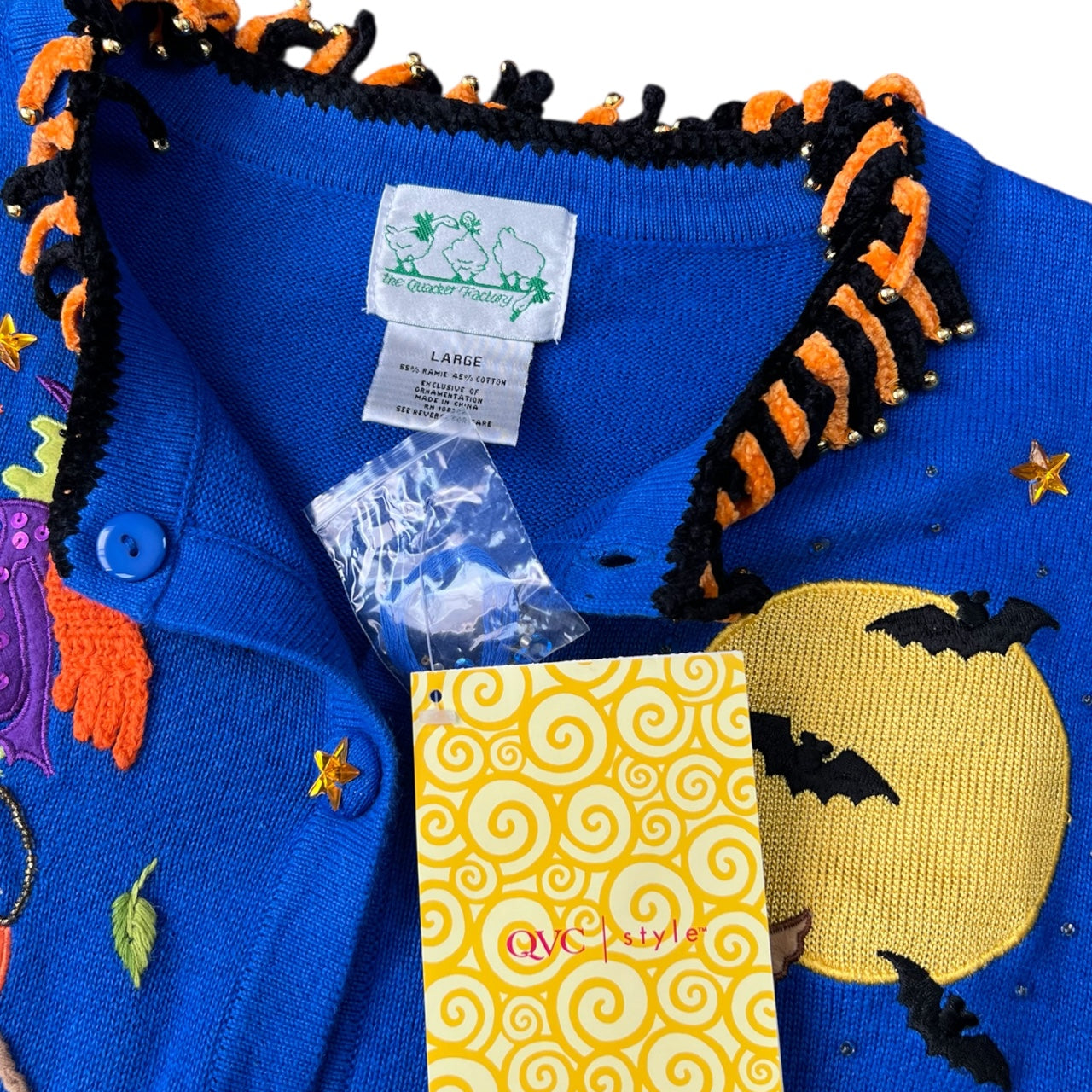 NWT Vintage The Quacker Factory 3D Knit Ugly Halloween Sweater Cardigan Beaded Sequin Fringe Women’s Large