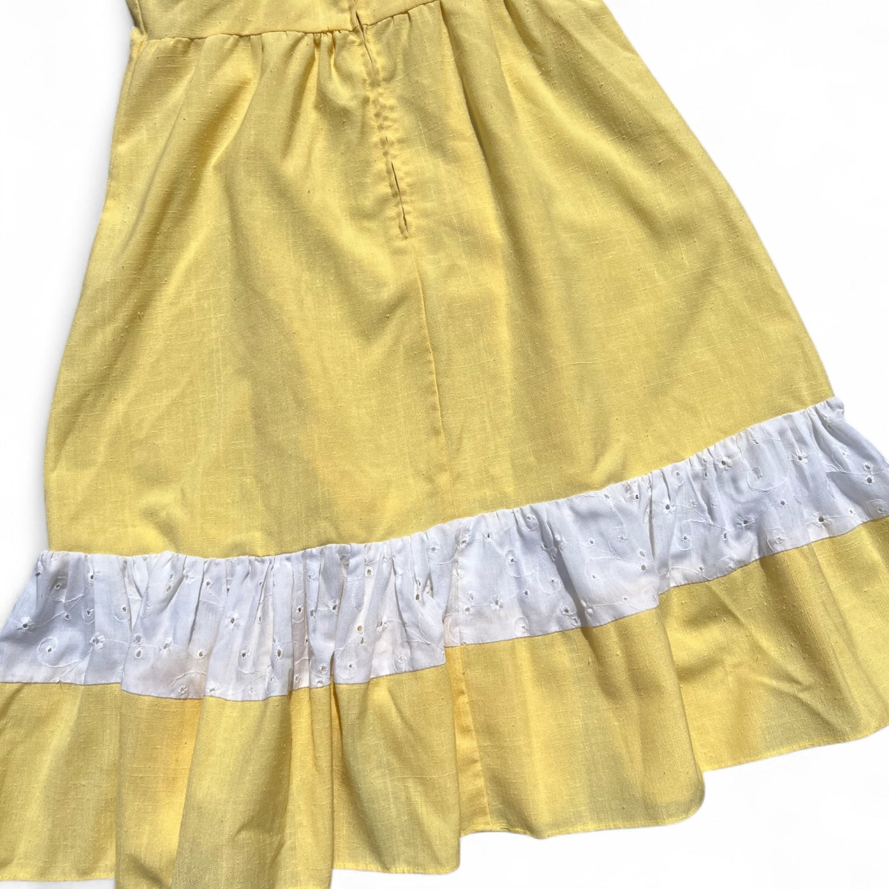 70s Handmade Yellow Eyelet Prairie Dress Midi Waist Tie Women’s M/L Made in USA