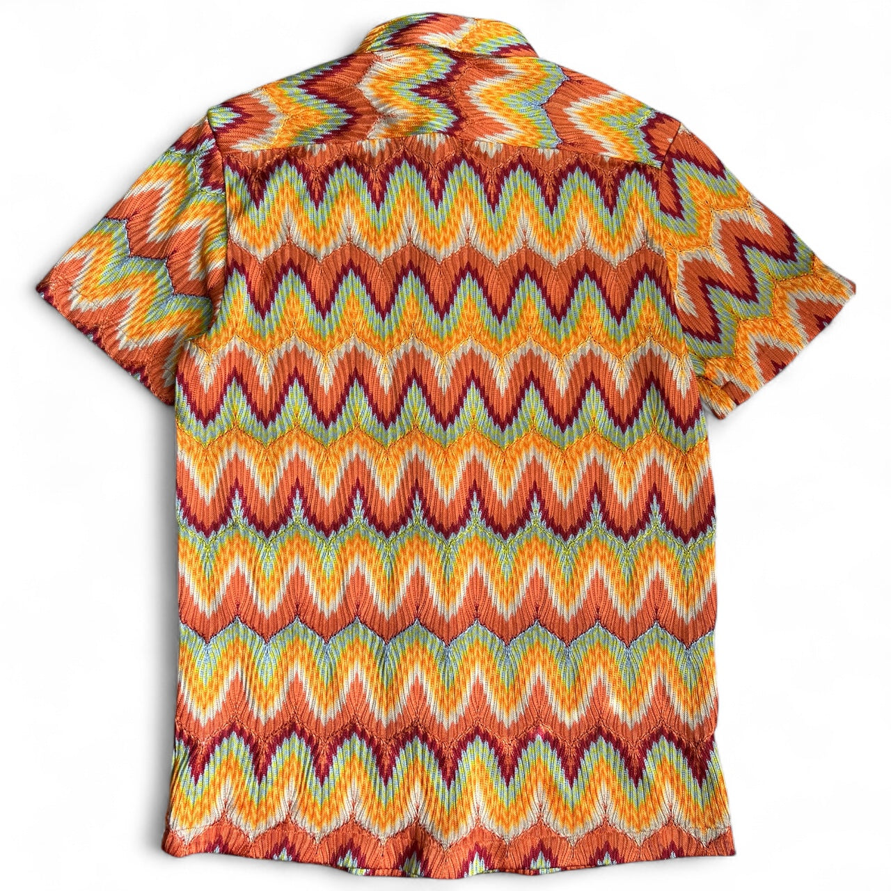ASOS Designs Orange Green Multicolor Zig Zag Crochet Button Up Short Sleeve Shirt Men’s Med