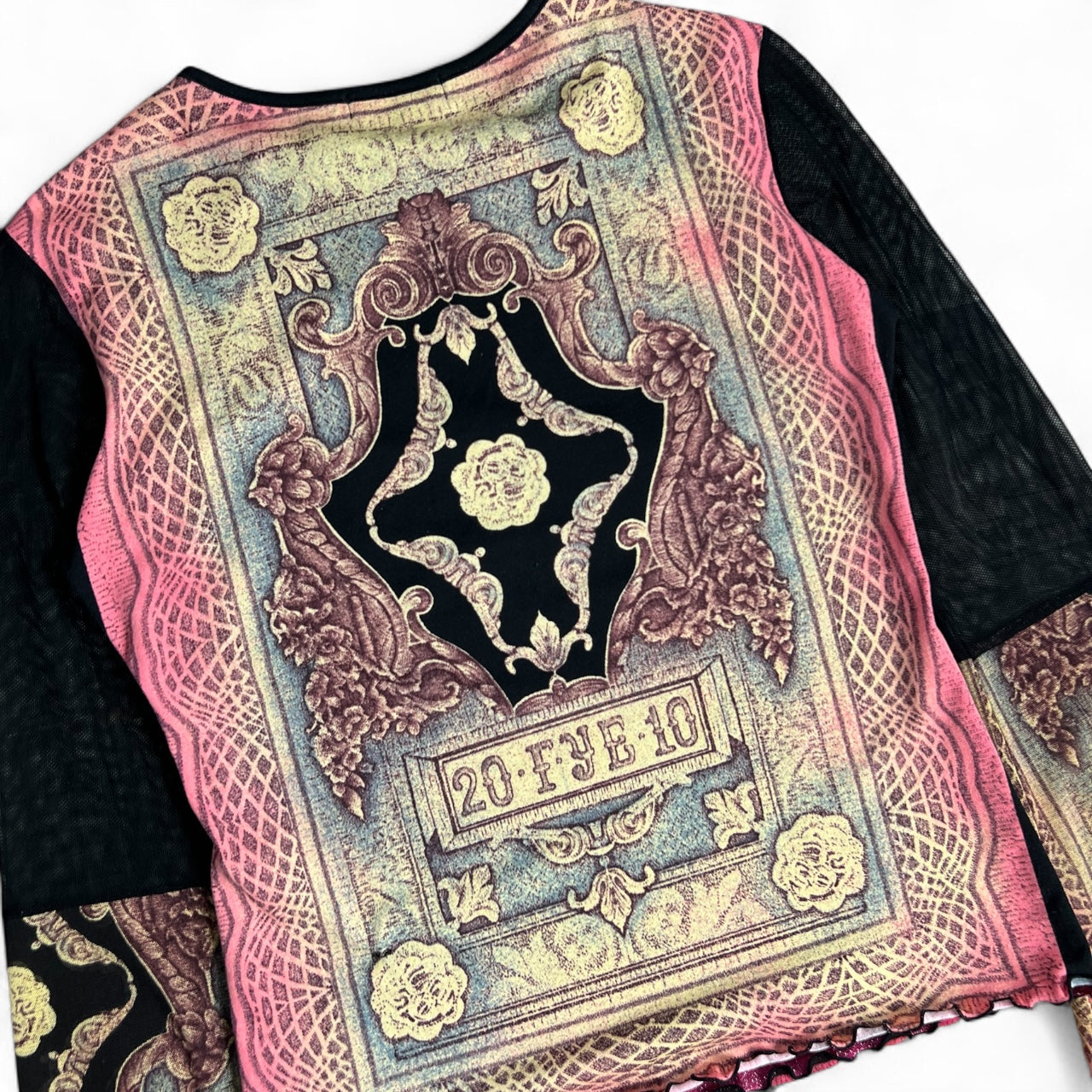 90s Y2K Anac Sheer Psychedelic Longsleeve Mesh Top Flared Sleeves Lettuce Hem Women’s Med