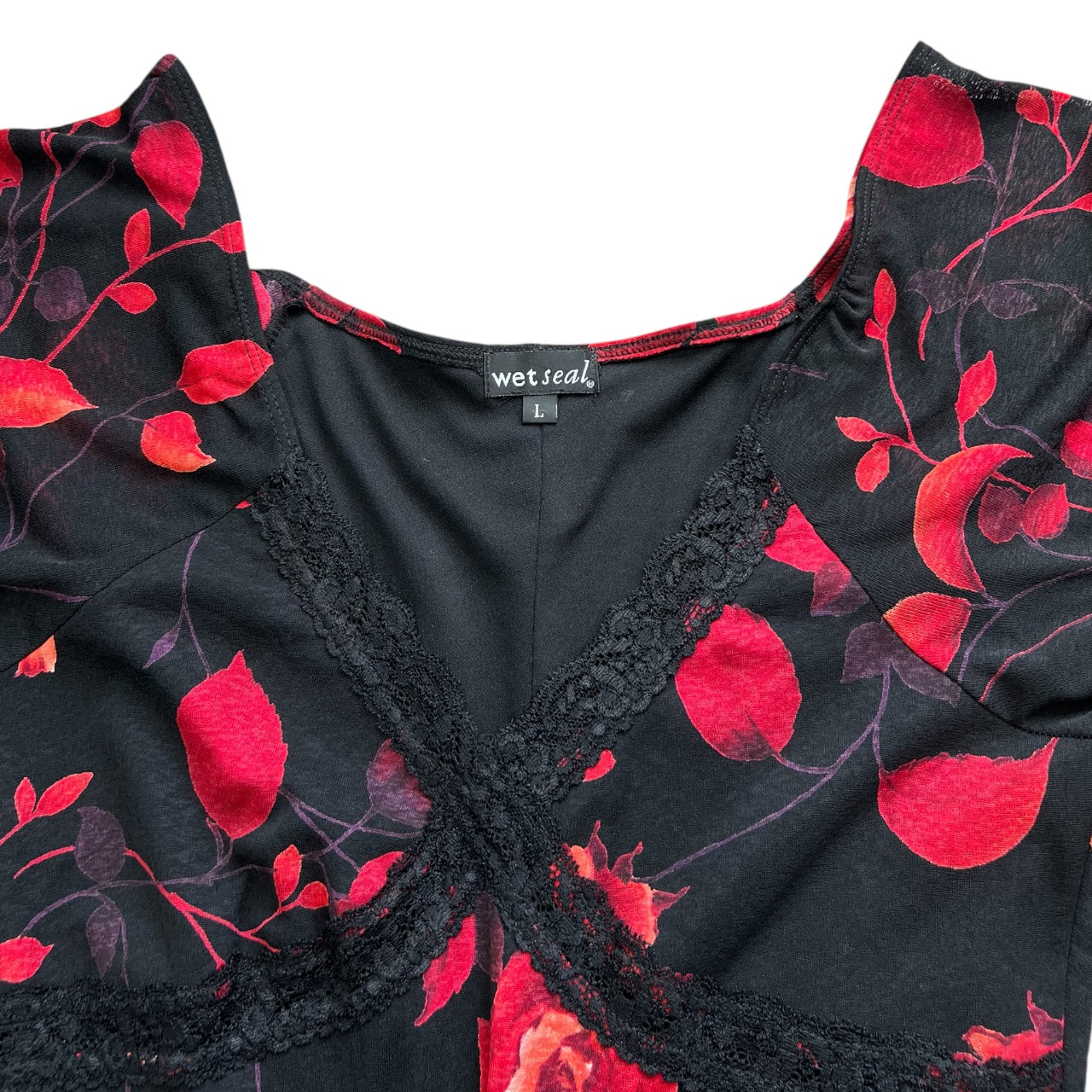 90s Y2K Wet Seat Floral Rose Print Lace Midi Dress Women’s Large Lettuce Hem