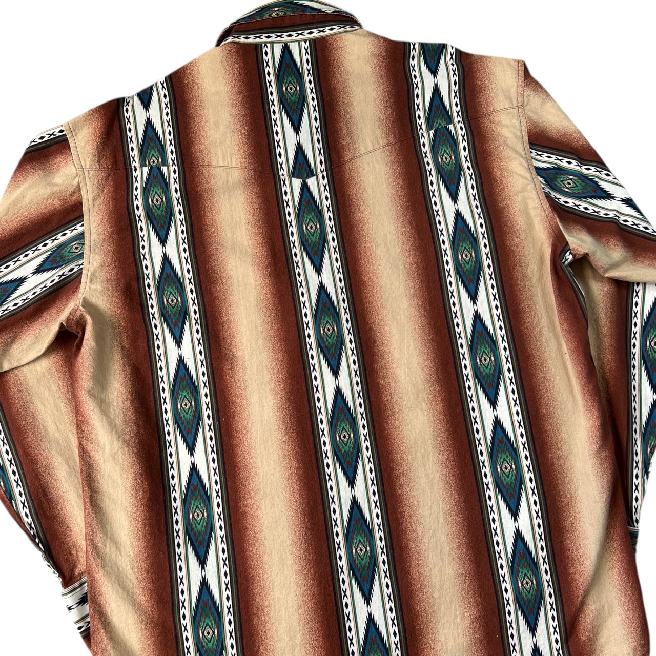 Vintage Wrangler Western Shirt Pearl Snap Brown Aztec Print Longsleeve Men’s Large