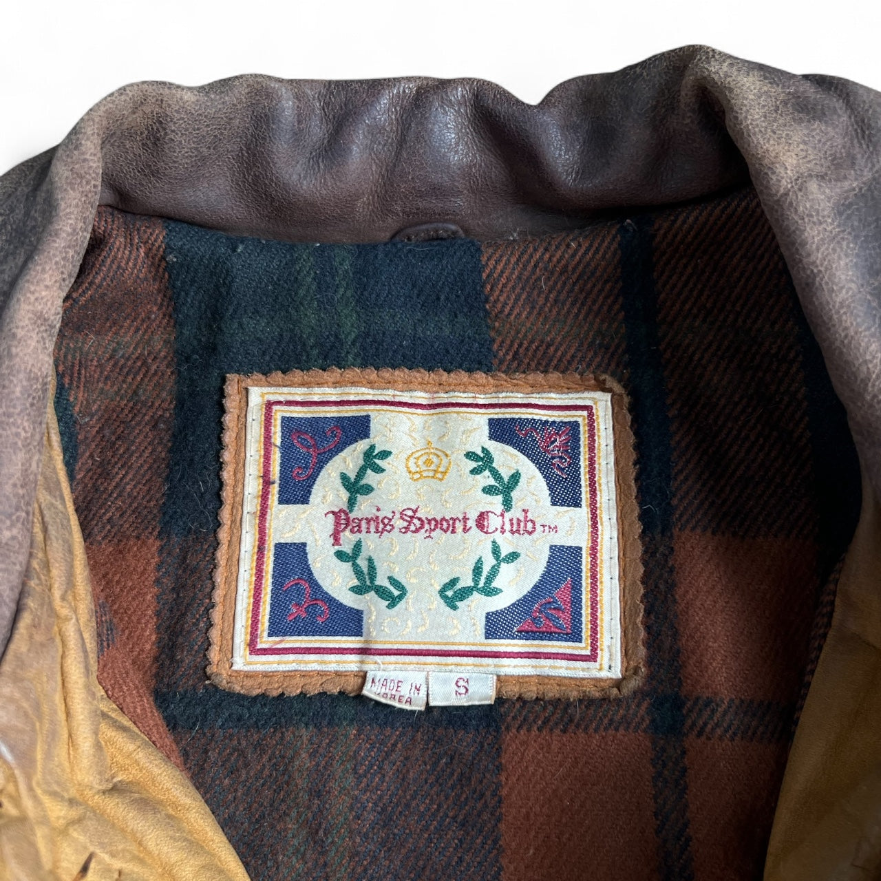 90s Paris Sports Club Brown Leather Chore Jacket Barn Coat Flannel Lined Men’s Small
