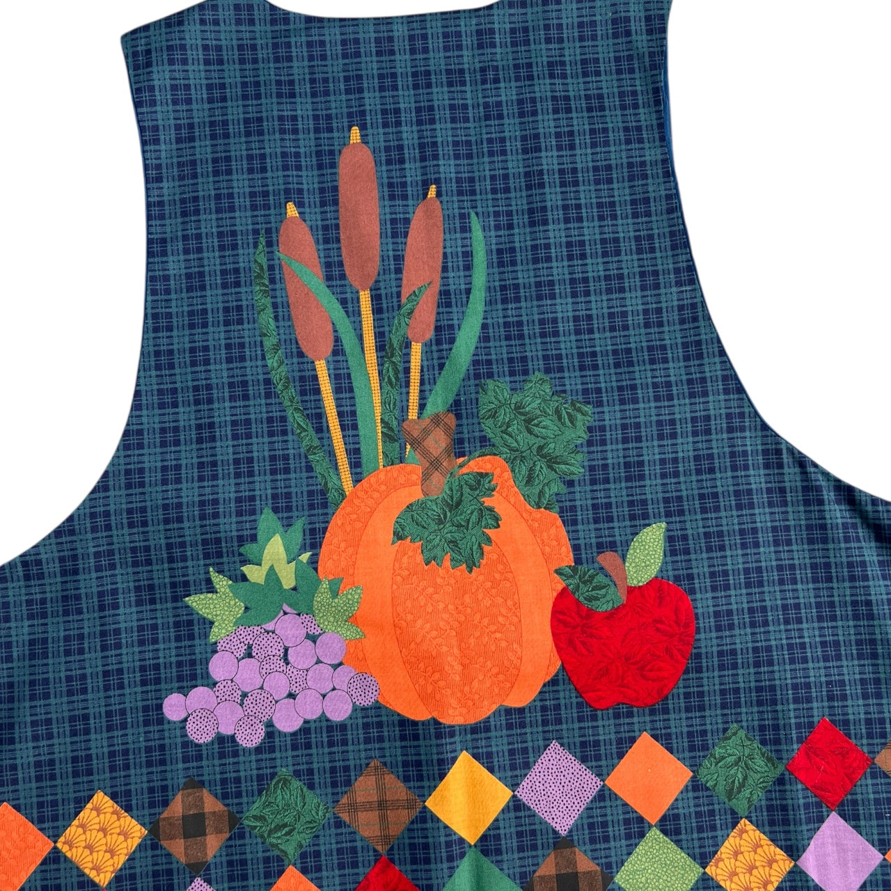 90s Autumn Harvest Novelty Vest Checkered Plaid One Size Pumpkin Cattail