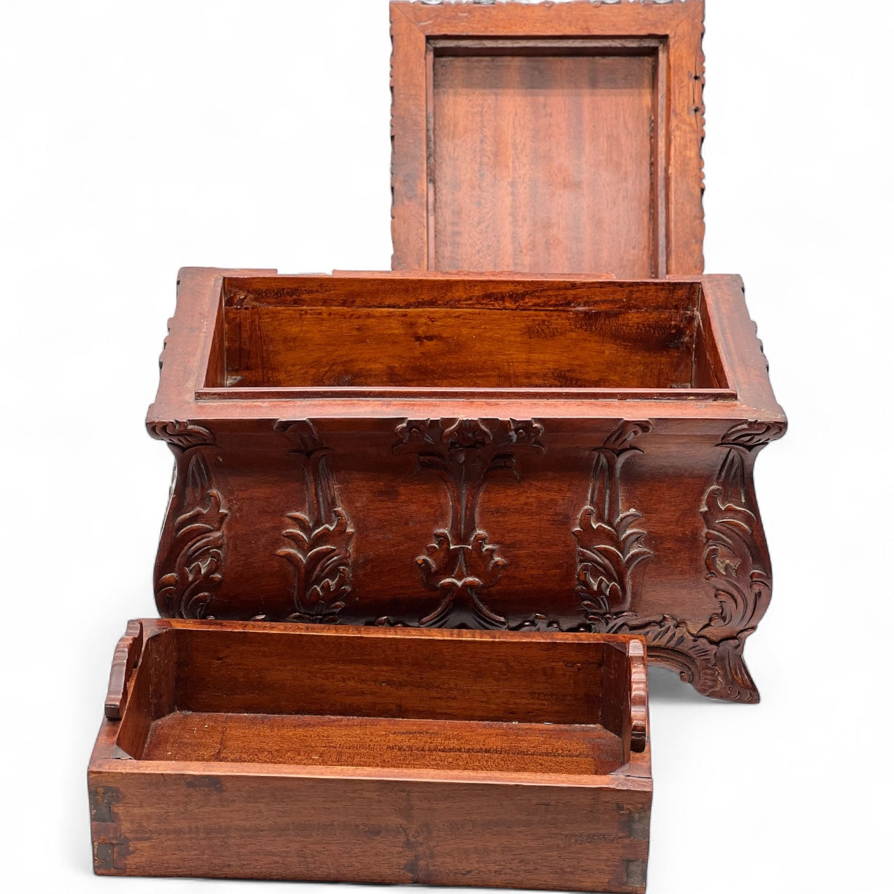 Victorian Style Hand-Carved Wooden Two Level Tea Caddy Chest with Legs Solid Mahogany Replica