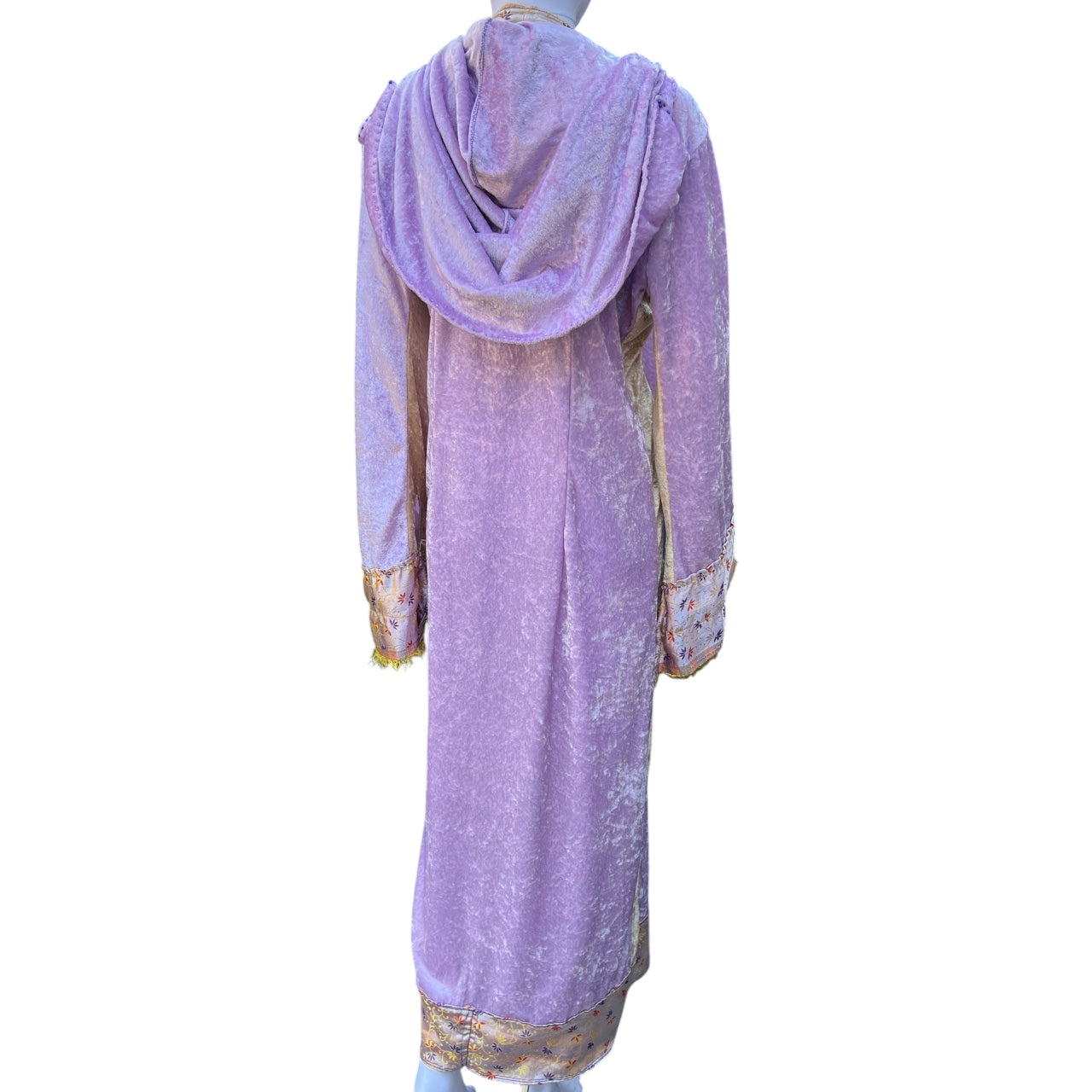 Vintage Handmade Lavender Crushed Velvet Velour Hooded Robe Beaded Fringe Medieval Renn Faire One Size