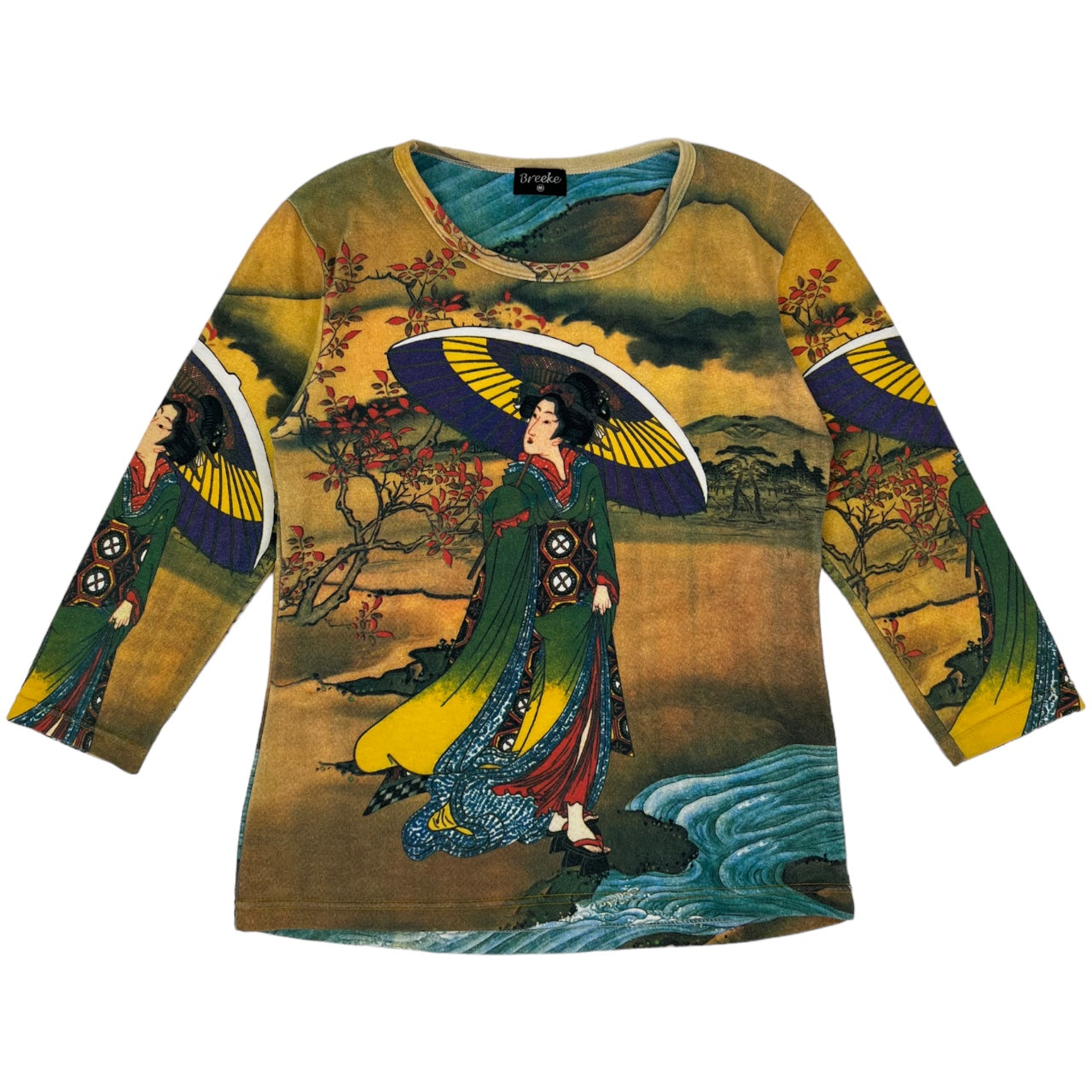 Breeke Hand Silk Screened Scoop Neck Geisha All Over Print 3/4 Sleeve Shirt Women’s M