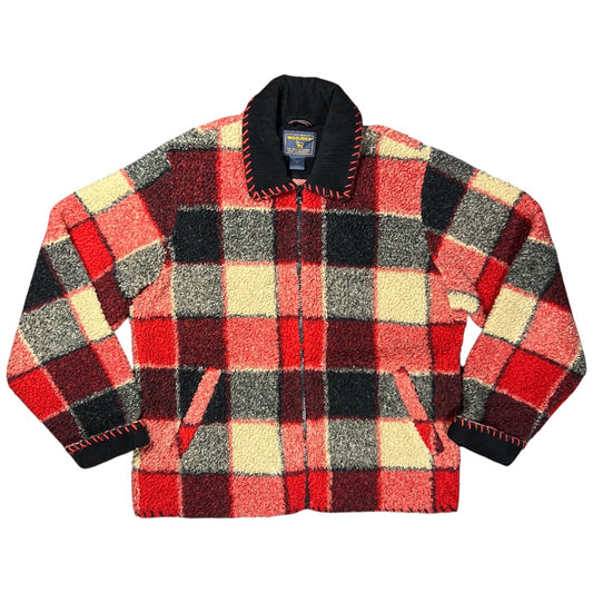 Woolrich Red Black Plaid Fleece Zip Up Jacket Black Corduroy Collar Womens Med