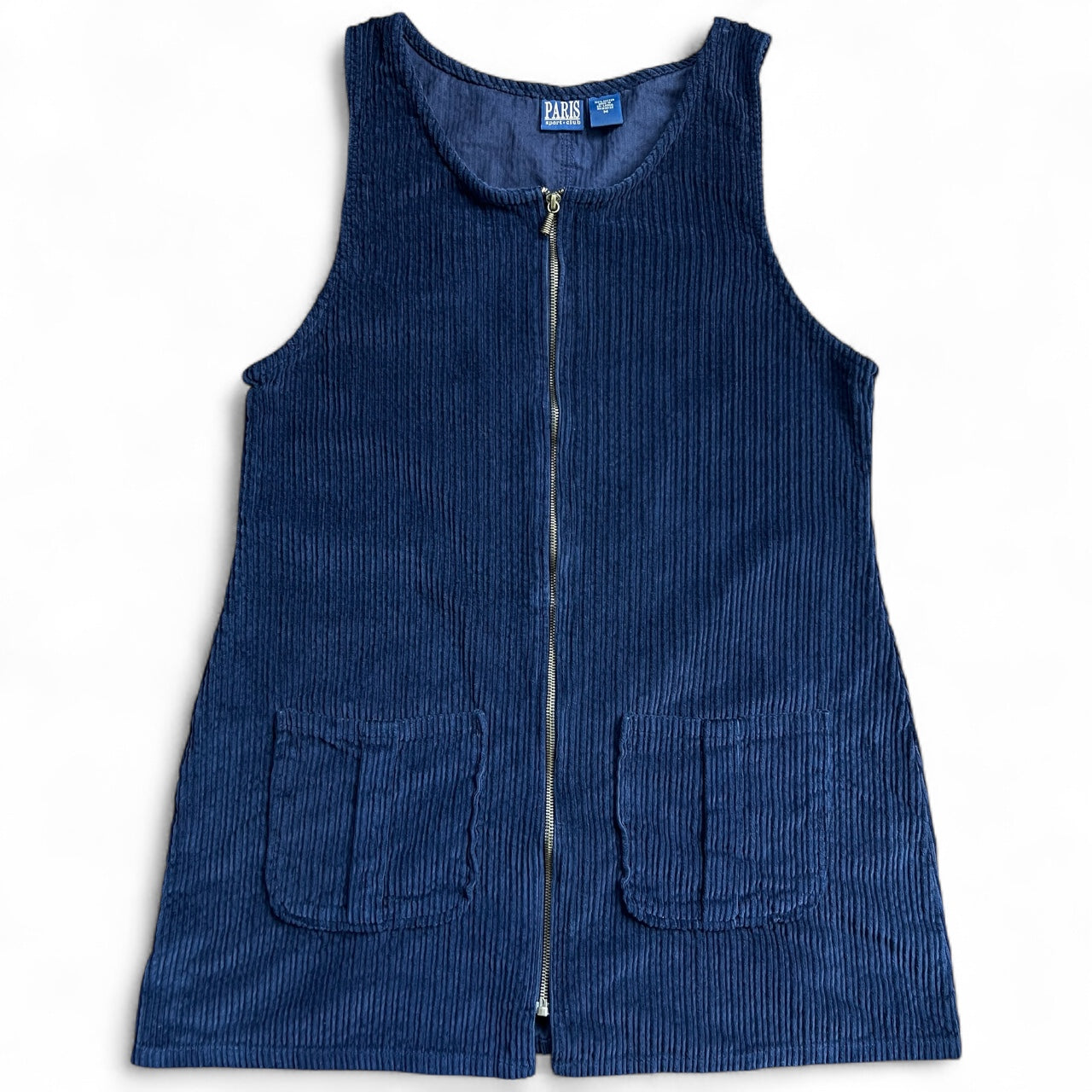 90s Paris Sports Club Blue Corduroy Overall Bib Mini Dress Zip Up Women’s Med 100% Cotton