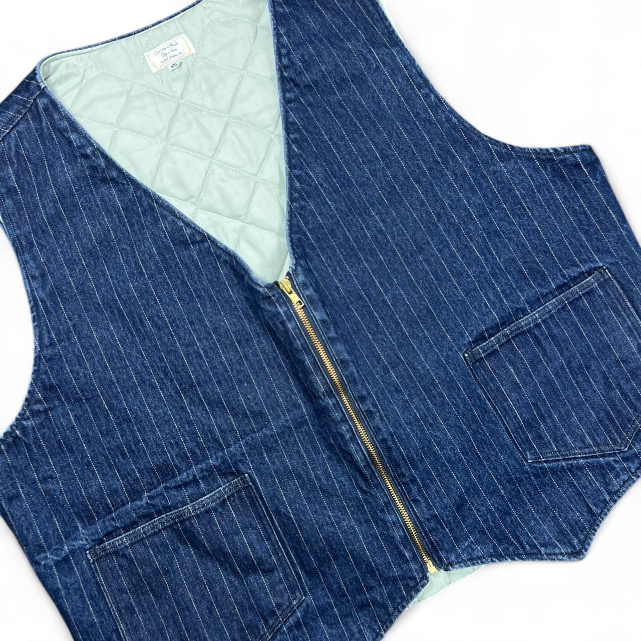 Vintage Handmade Western Pinstripe Denim Vest Quilted Lining Mens XXL