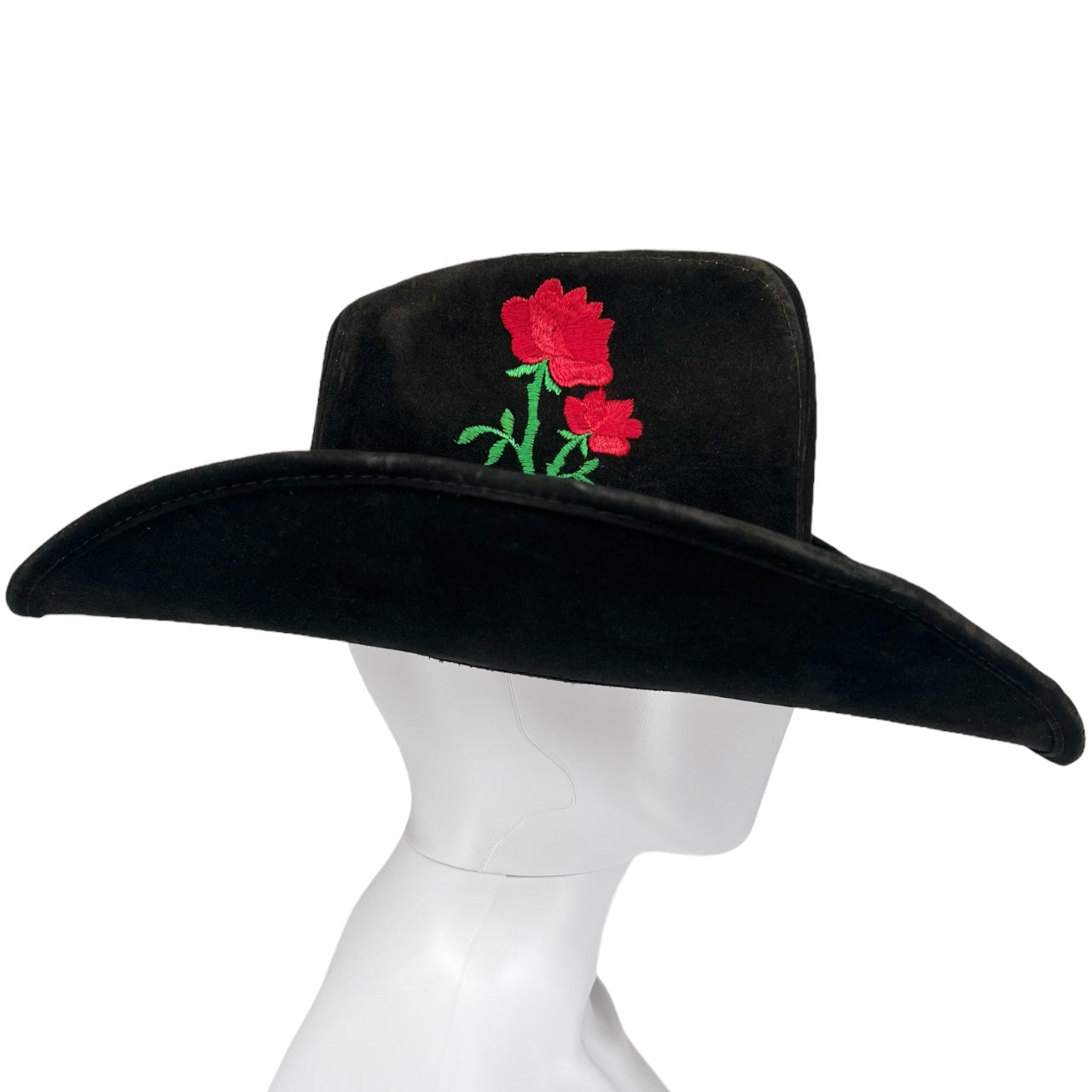 Vintage Black Suede Embroidered Floral Cowboy Hat United Hatters Cap Millinery Union Made Sz Large