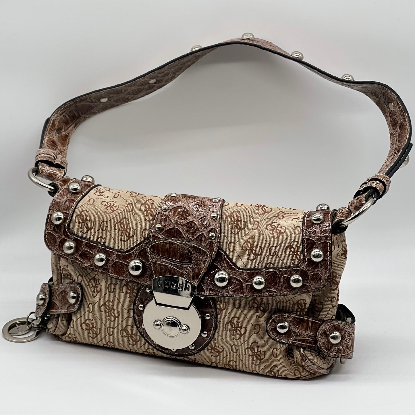 Vintage Y2K Guess Brown Monogram Shoulder Bag Studded Faux Leather Detail