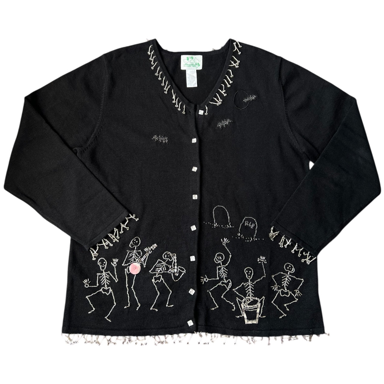 Vintage The Quacker Factory Dancing Skeletons Ugly Halloween Sweater Cardigan Women’s Large Beaded Sequin Mesh