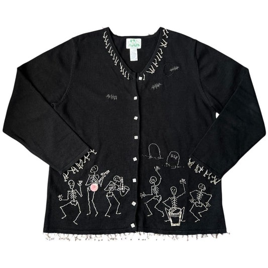Vintage The Quacker Factory Dancing Skeletons Ugly Halloween Sweater Cardigan Women’s Large Beaded Sequin Mesh