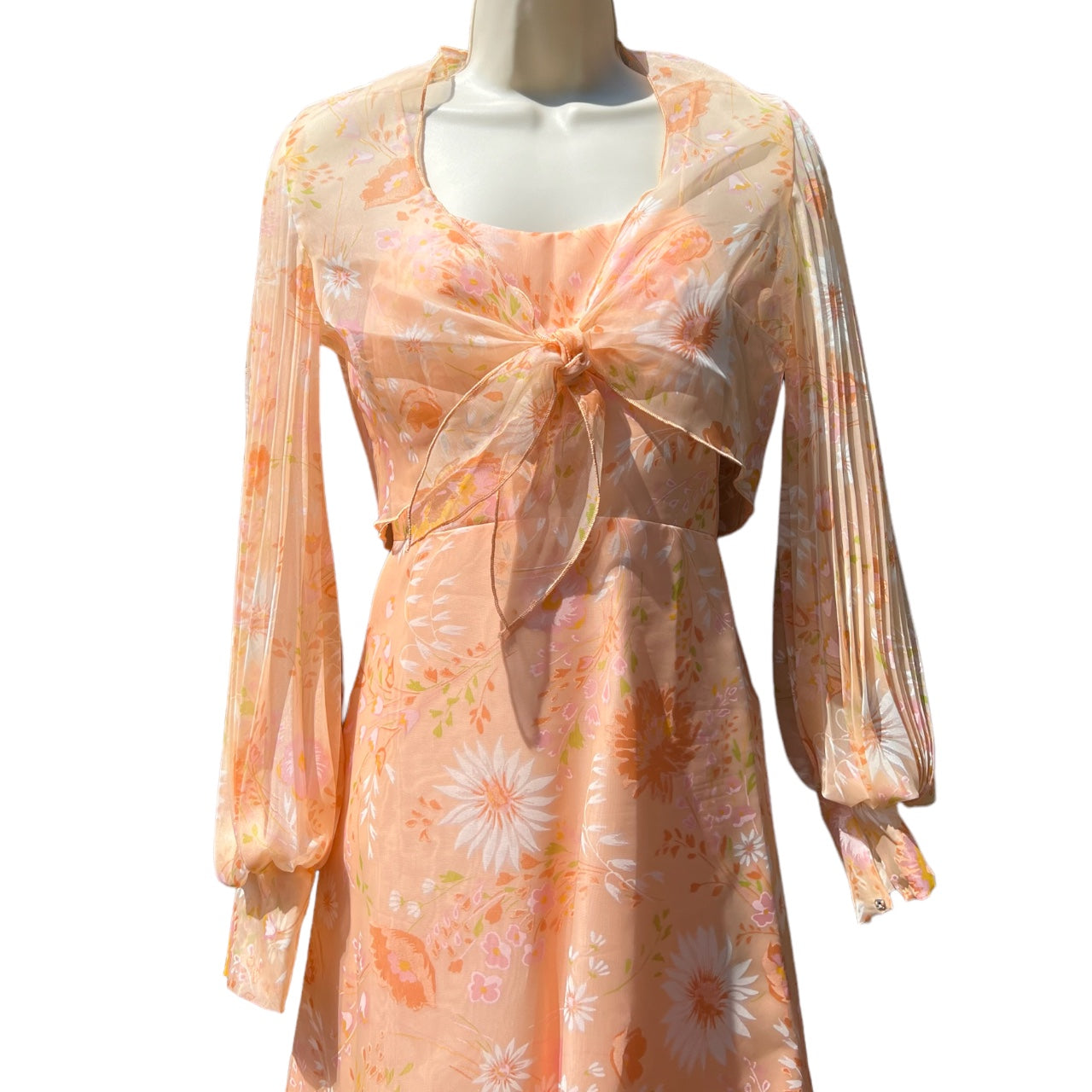 Vintage 1970s Union Made Peach Floral Maxi Dress Matching Bolero Jacket Pastel Orange Sundress 7