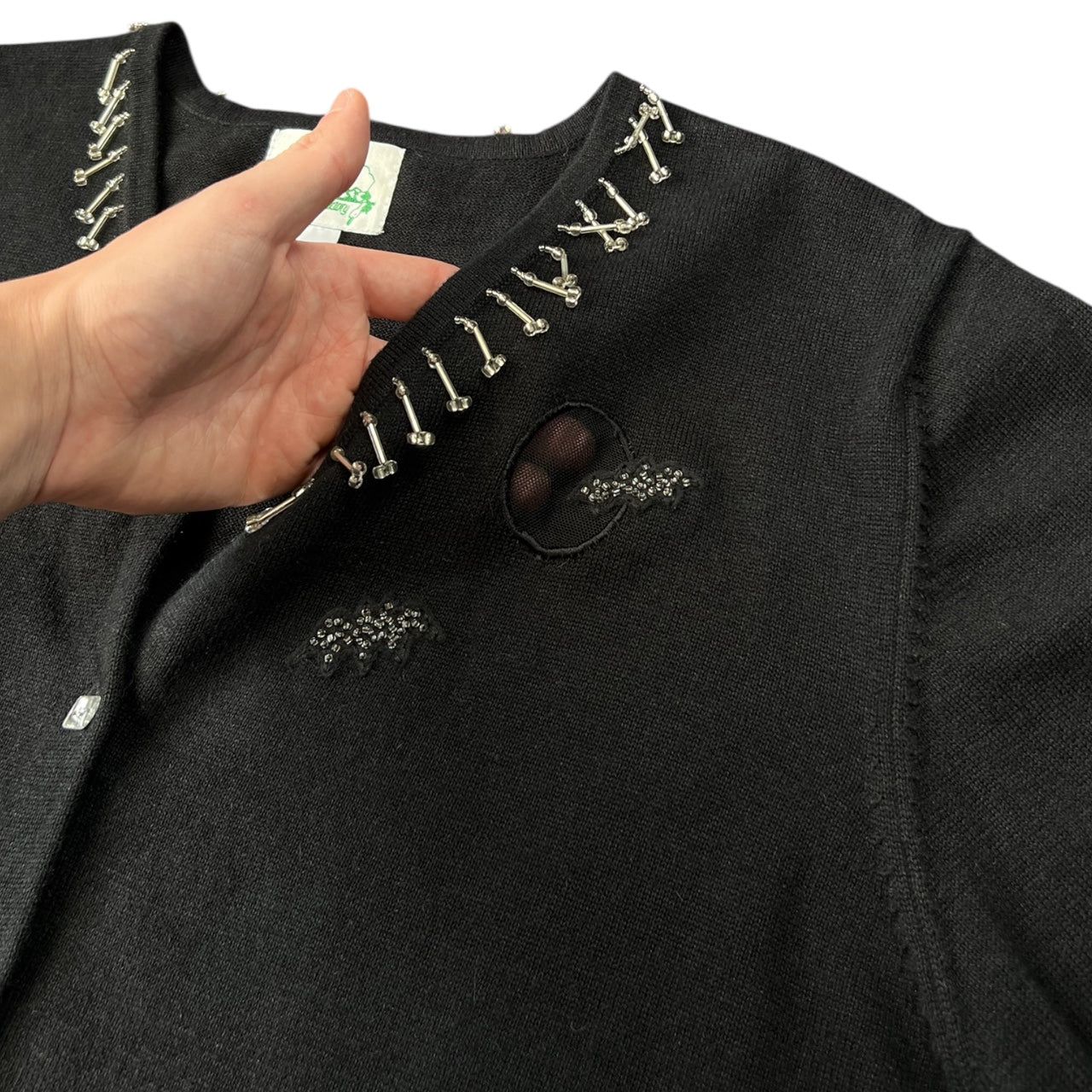 Vintage The Quacker Factory Dancing Skeletons Ugly Halloween Sweater Cardigan Women’s Large Beaded Sequin Mesh