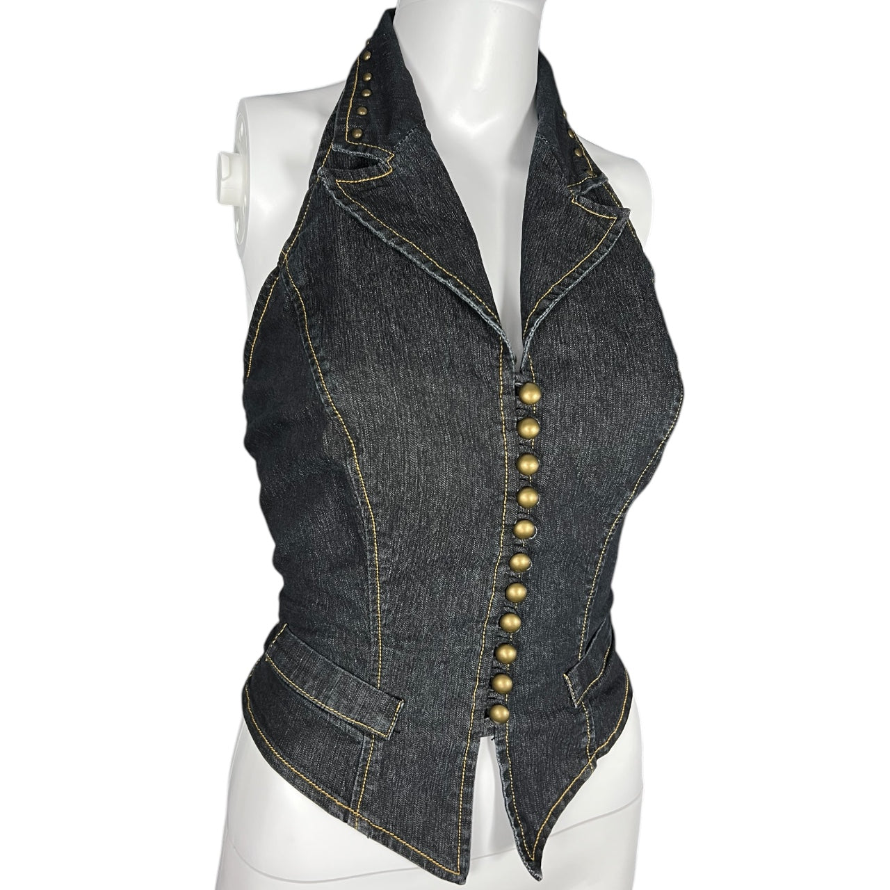 Vintage 90s Y2K Bisou Bisou Michelle Bohbot Studded Denim Halter Top Women’s Med