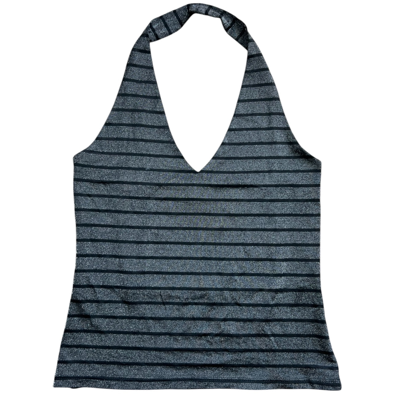 90s Hot Spot Grey Black Striped Halter Top Holographic Glitter Women’s Med Made in USA