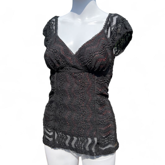 90s Y2K Studio Y Black Floral Lace Blouse Puff Sleeve Waist Tie Women’s Small