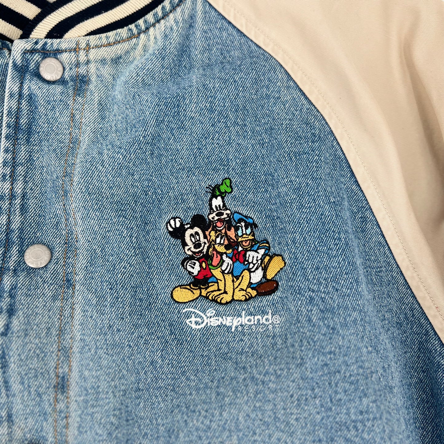 Vintage 90s Disneyland Resort Denim Bomber Jacket Embroidered Mickey Goofy Donald Duck Pluto Men’s L