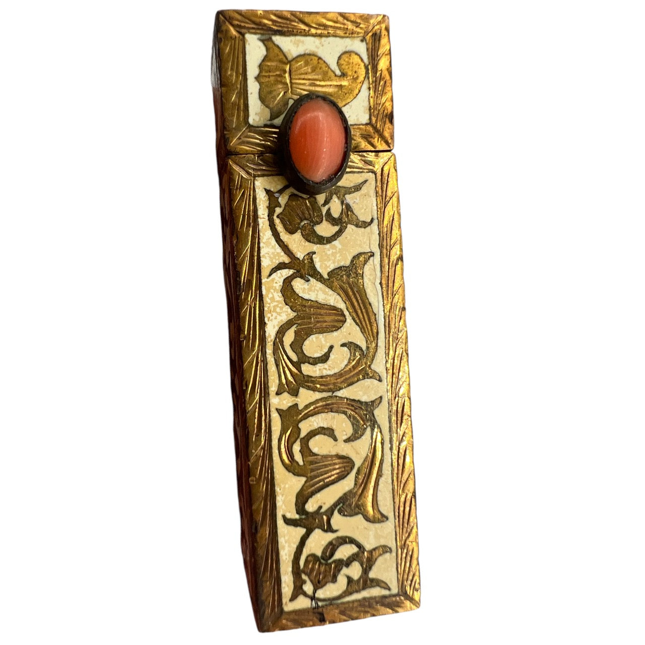 Vintage Gold Tone Metal Italian Lipstick Case Ornate Etched Flowers Red Cabochon Copper Base