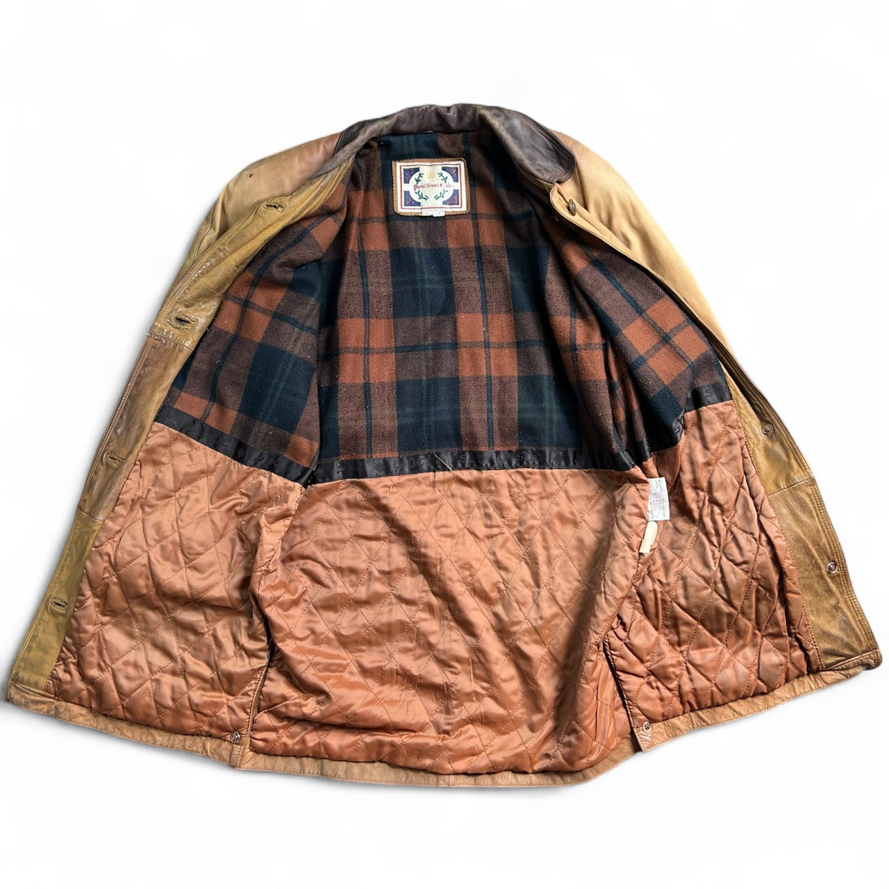 90s Paris Sports Club Brown Leather Chore Jacket Barn Coat Flannel Lined Men’s Small