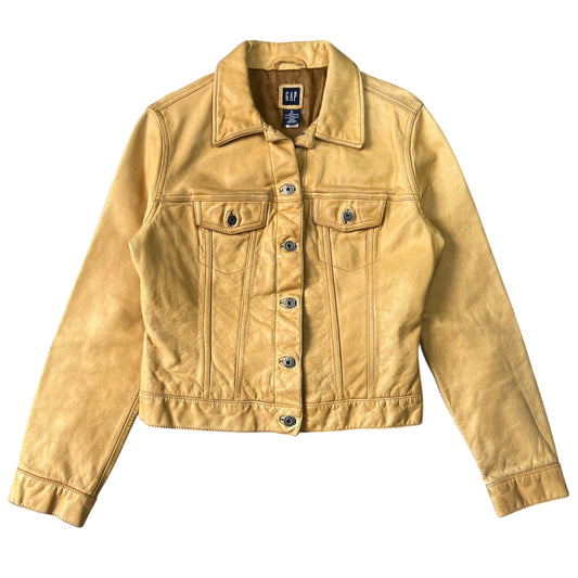 90s Y2K Gap Biege Leather Trucker Jacket Women’s Medium