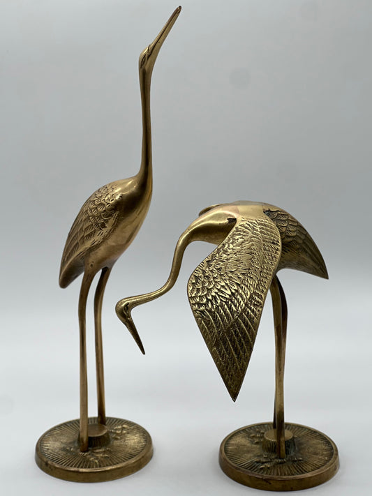 Vintage MCM Leonard Brass Cranes Set of Two Egret Statues Bookshelf Decor Made in Korea 12” 7”