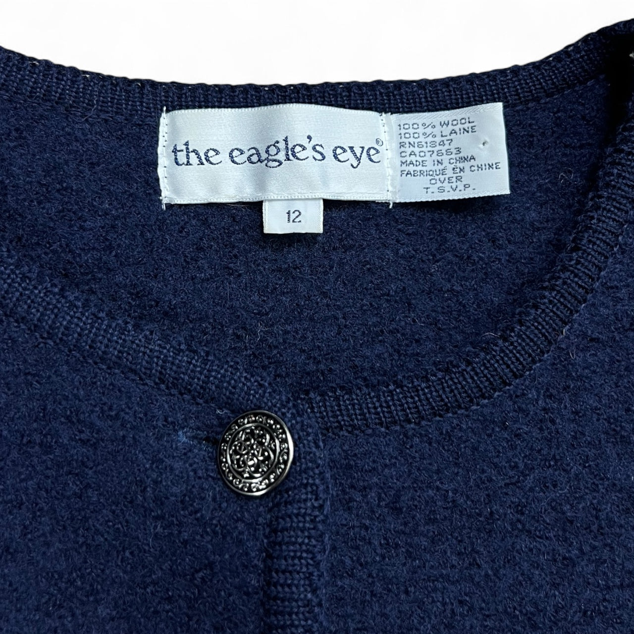 90s The Eagle’s Eye Navy Blue 100% Wool Cardigan Women’s 12 Metal Buttons