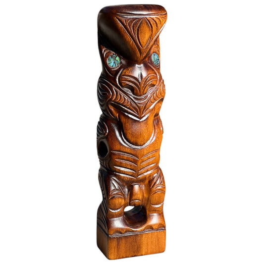Vintage Hand Carved Tekoteko Wooden Sculpture Maori Tiki Statue Paua Shell Eyes New Zealand 10 1/4”