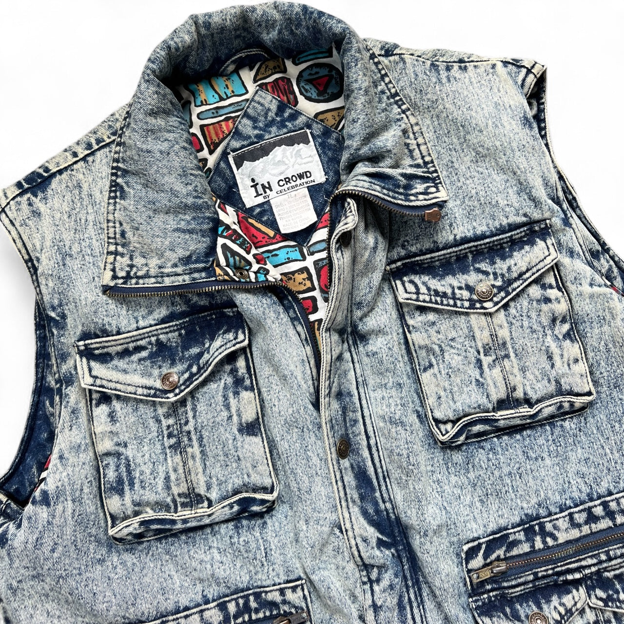 80s 90s In Crowd Acidwash Denim Cargo Puffer Vest Men’s XL