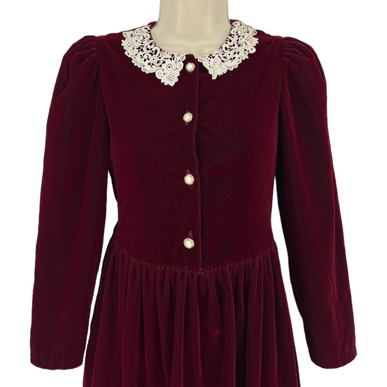 Vintage You Babes Burgundy Midi Doll Collar Dress Longsleeve White Lace Trim Sz 12