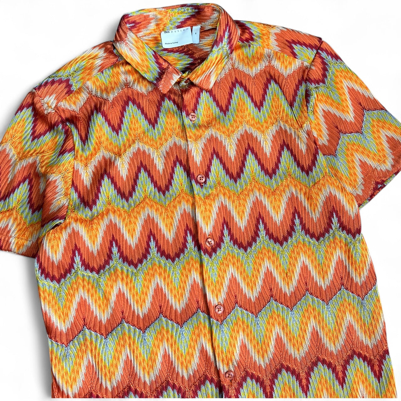 ASOS Designs Orange Green Multicolor Zig Zag Crochet Button Up Short Sleeve Shirt Men’s Med