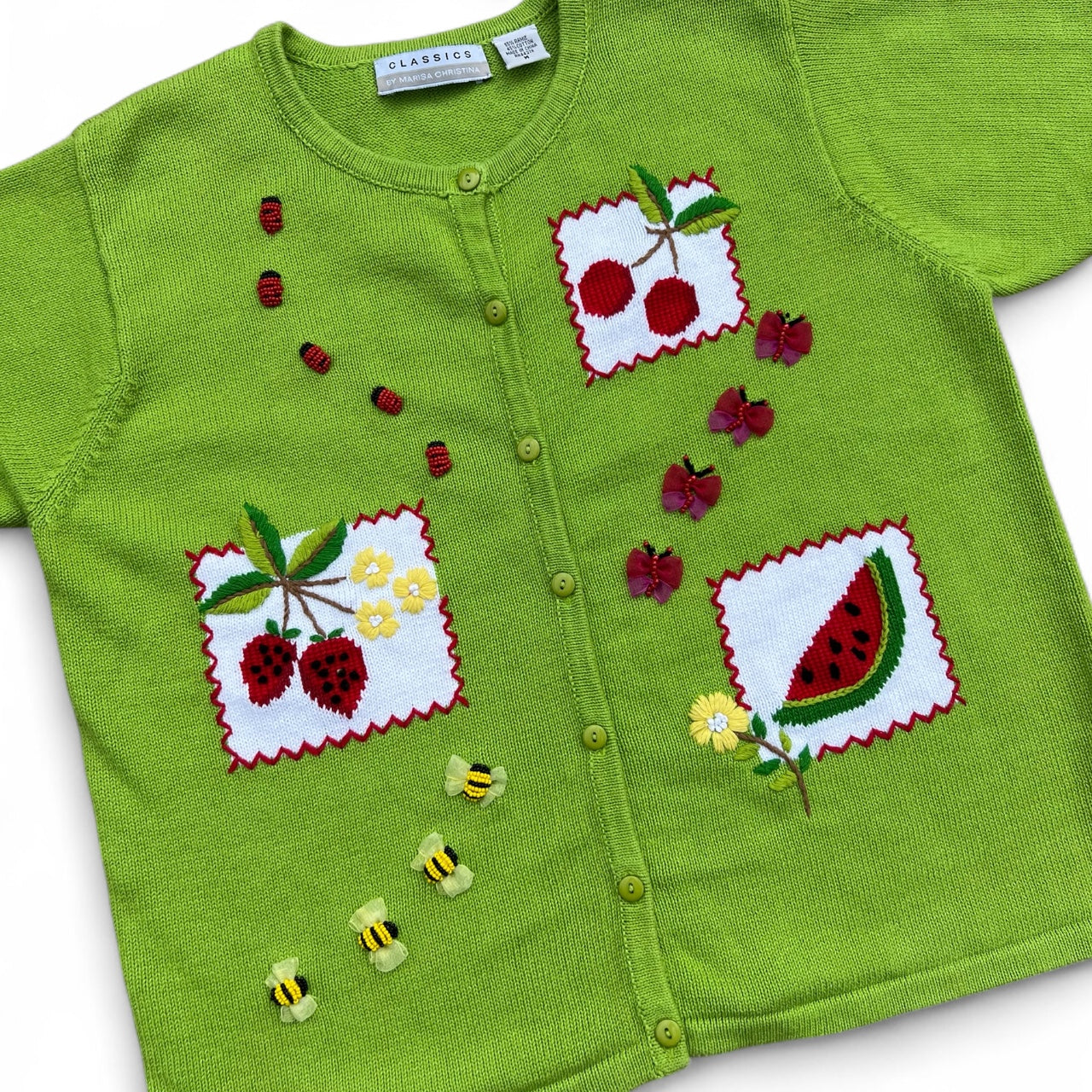90s Marisa Christina Floral Beaded Fruit 3D Cardigan Women’s Med Cherries Watermelon Strawberry Ladybug Butterfly Bee