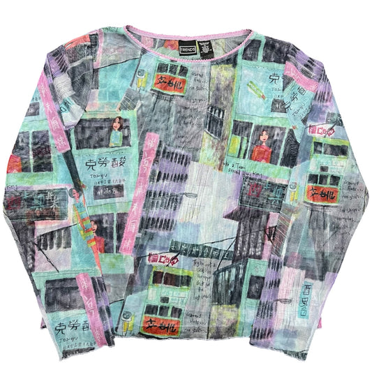 Vintage 90s Y2K Trends Longsleeve Mesh Top All Over Print Chinese City Lettuce Hem Womens XL