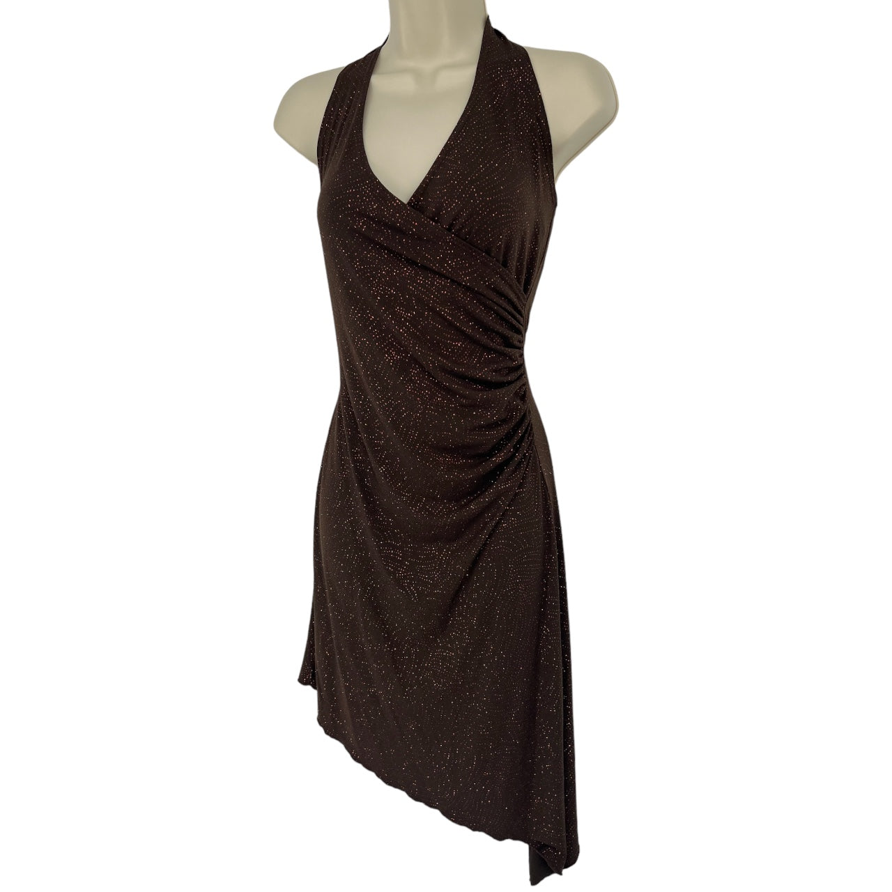 Vintage 90s Y2K Lipstick Brown Asymmetrical Glitter Halter Dress Ruched Detailing Womens S