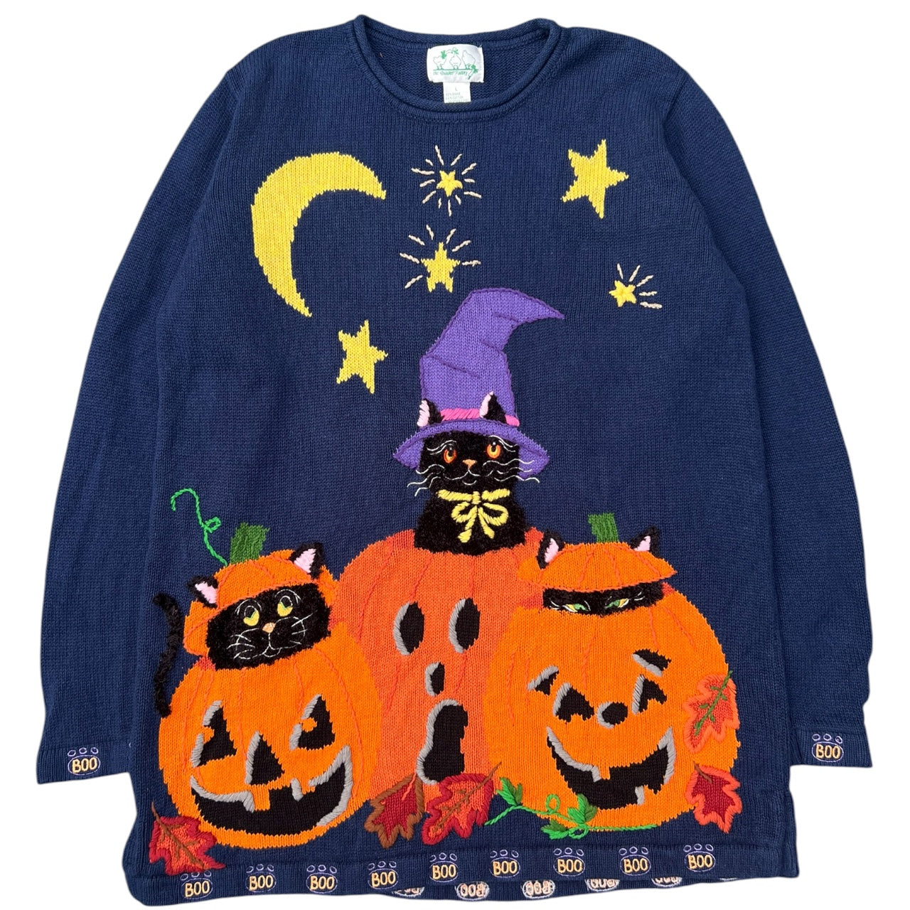 90s Quacker Factory 3D Knit Halloween Ugly Sweater Black Cat Pumpkin Jack-O-Lantern Women’s Large