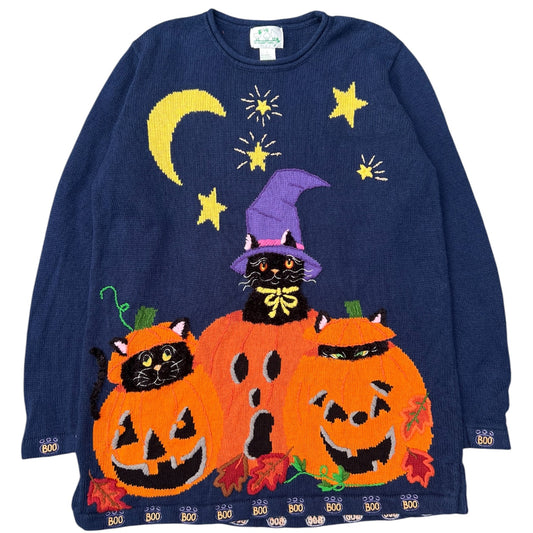 90s Quacker Factory 3D Knit Halloween Ugly Sweater Black Cat Pumpkin Jack-O-Lantern Women’s Large