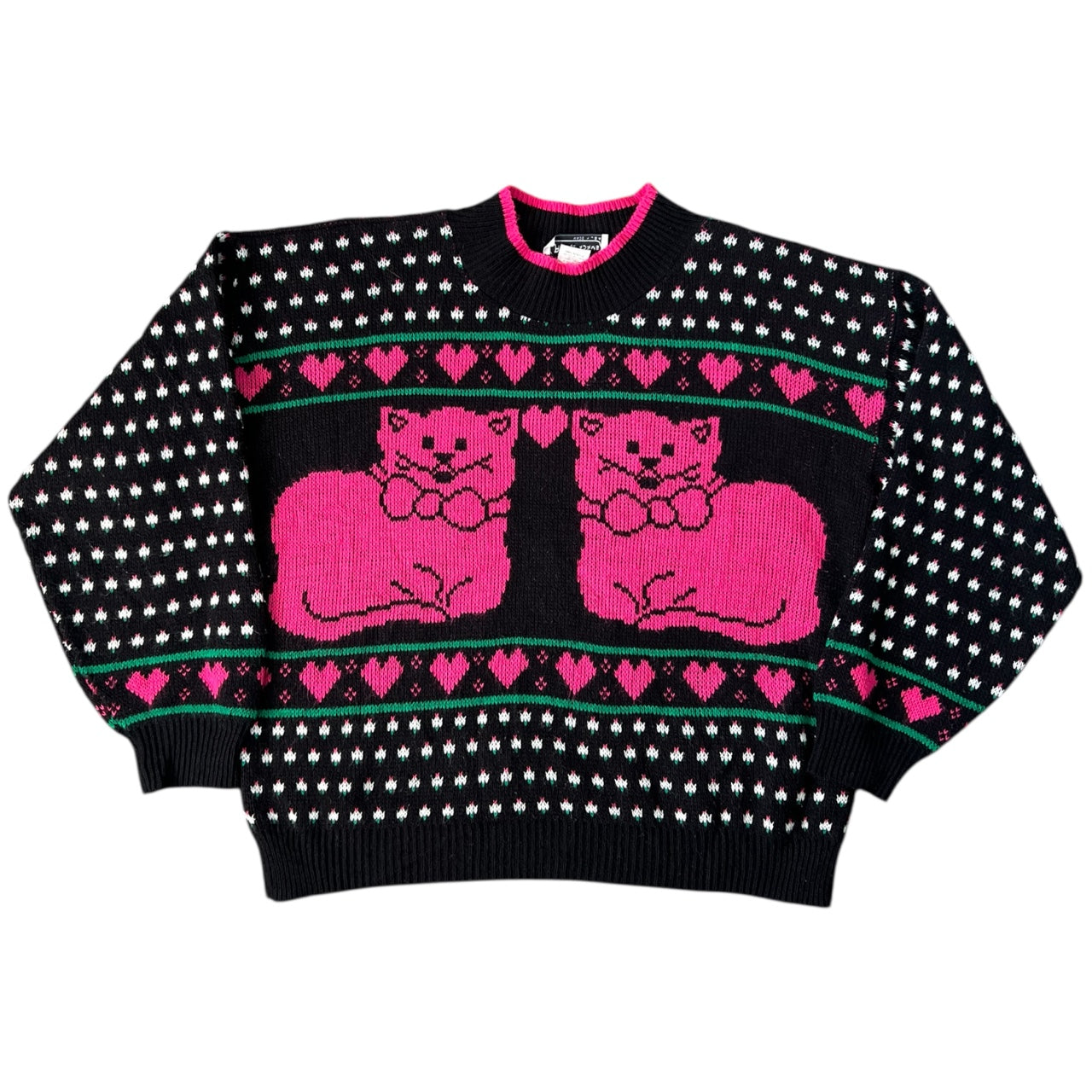 90s Jane Adam’s Cat Grandma Sweater Hearts Polka Dot Women’s Large Made in USA