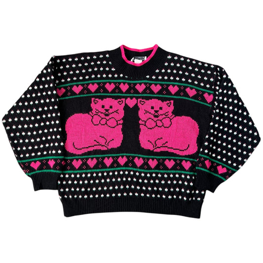 90s Jane Adam’s Cat Grandma Sweater Hearts Polka Dot Women’s Large Made in USA