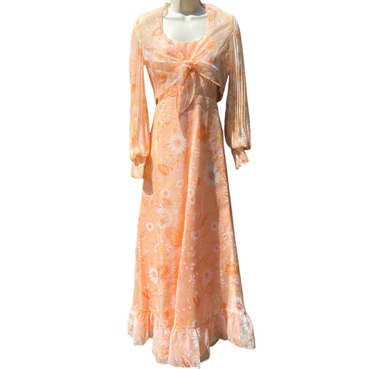 Vintage 1970s Union Made Peach Floral Maxi Dress Matching Bolero Jacket Pastel Orange Sundress 7