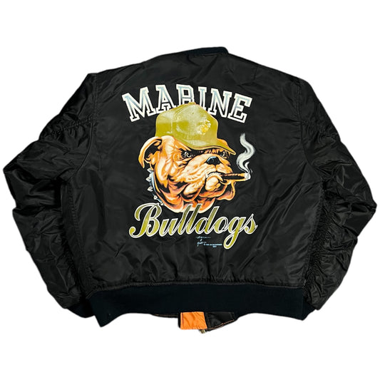 Vintage 1989 Marine Bulldogs Black Insulated Bomber Flight Jacket Reversible Graphic Print Mens Medium